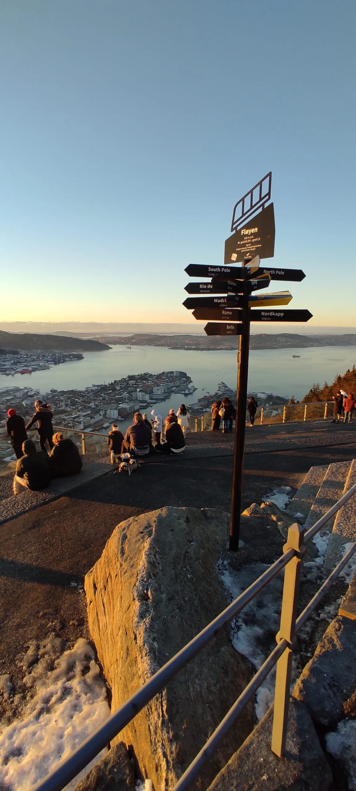 Signpost on Mount Fløyen at dusk