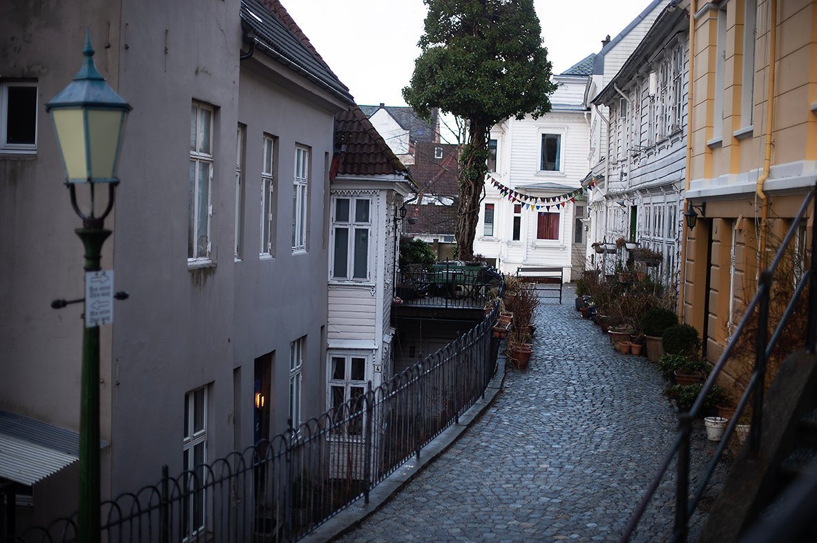 Narrow lane with wooden houses in central Bergen