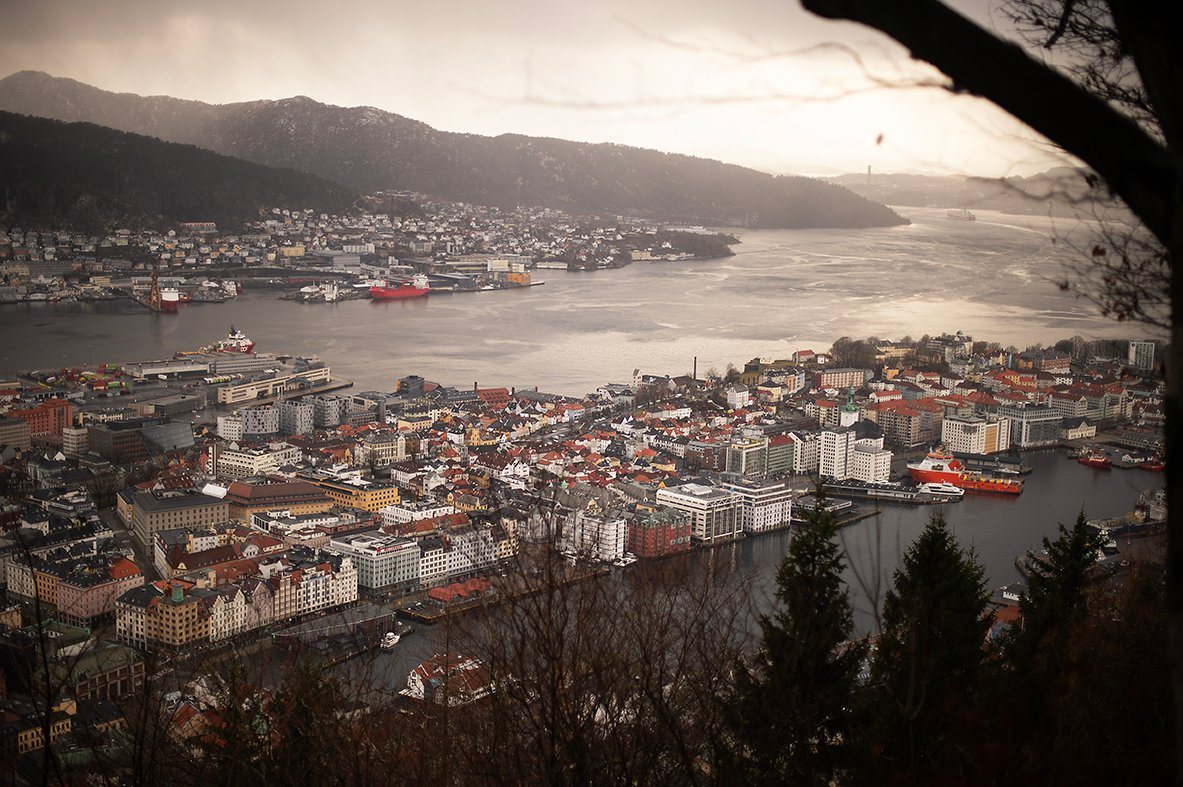 View over central Bergen and the harbour from Fløyen